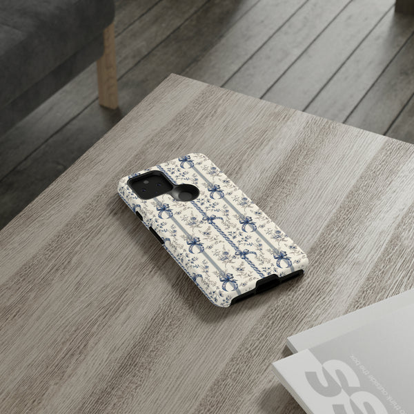 Blue Bow Phone Case - Vintage Floral Preppy Protective Phone Cover for iPhone, Samsung, Pixel