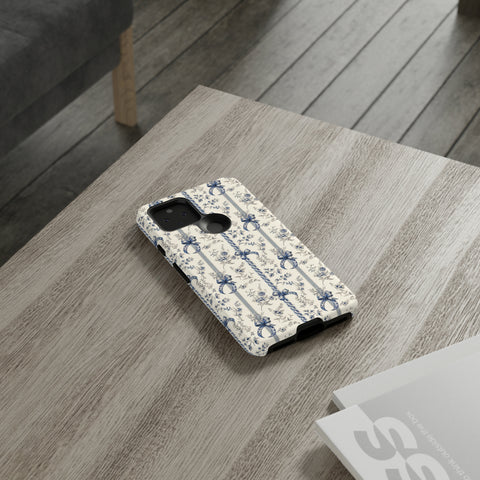 Blue Bow Phone Case - Vintage Floral Preppy Protective Phone Cover for iPhone, Samsung, Pixel