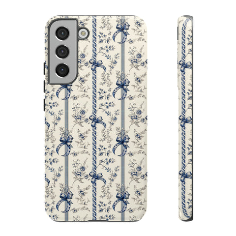 Blue Bow Phone Case - Vintage Floral Preppy Protective Phone Cover for iPhone, Samsung, Pixel