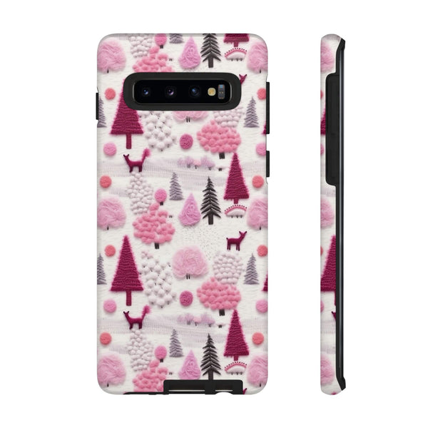 Pink Winter Woodland Aesthetic Embroidery Phone Case for iPhone, Samsung, Pixel