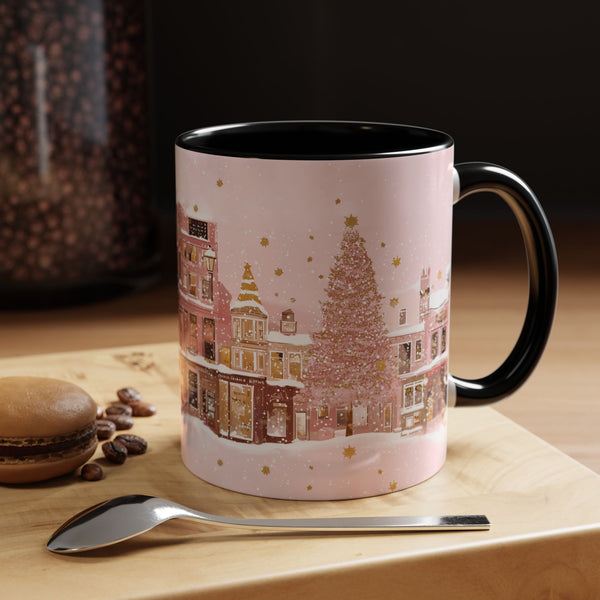 Pink Christmas Town Mug - Festive Holiday Village Art Cup for Coffee, Tea, Hot Chocolate