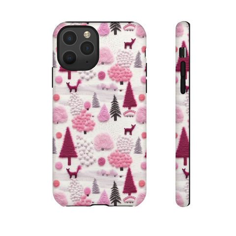 Pink Winter Woodland Aesthetic Embroidery Phone Case for iPhone, Samsung, Pixel