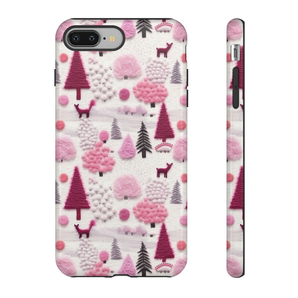 Pink Winter Woodland Aesthetic Embroidery Phone Case for iPhone, Samsung, Pixel