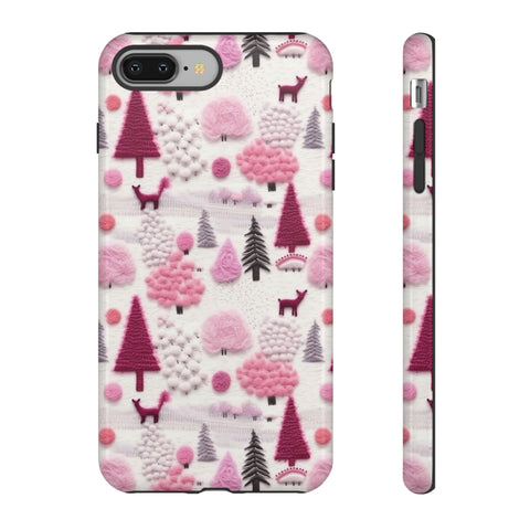 Pink Winter Woodland Aesthetic Embroidery Phone Case for iPhone, Samsung, Pixel