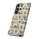 Bookshelf Phone Case - Neutral Beige Books and Plants Protective Cover for iPhone, Samsung, Pixel