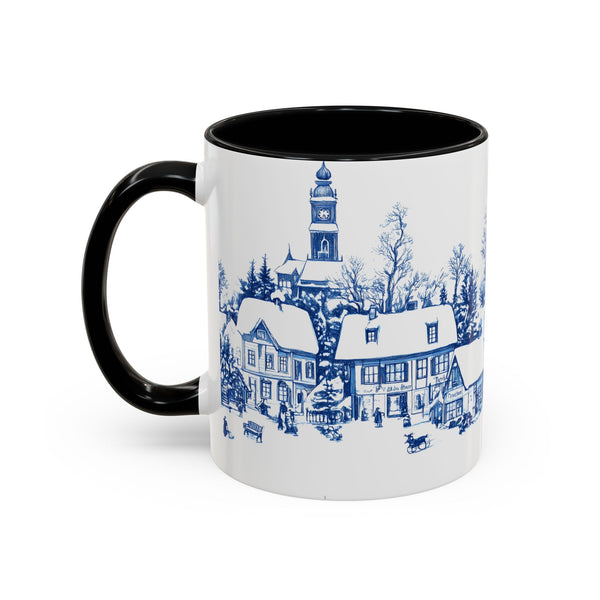 Blue Snowy Winter Village Mug - Holiday Christmas Art Cup for Coffee, Tea, Hot Cocoa