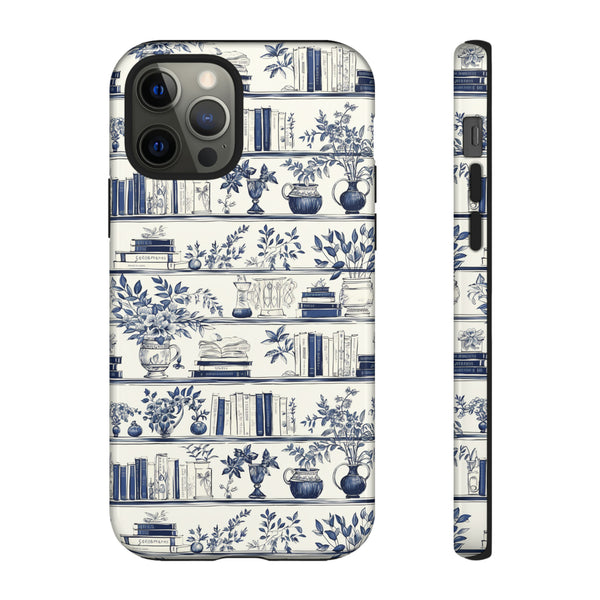 Bookshelf Phone Case - Blue and White Floral Books Protective Cover for iPhone, Samsung, Pixel