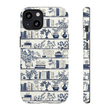 Bookshelf Phone Case - Blue and White Floral Books Protective Cover for iPhone, Samsung, Pixel