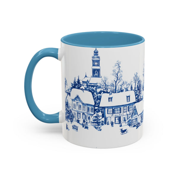Blue Snowy Winter Village Mug - Holiday Christmas Art Cup for Coffee, Tea, Hot Cocoa