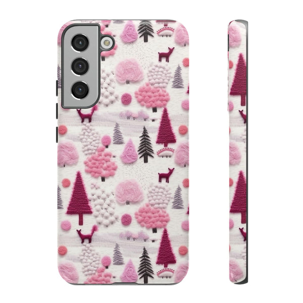 Pink Winter Woodland Aesthetic Embroidery Phone Case for iPhone, Samsung, Pixel