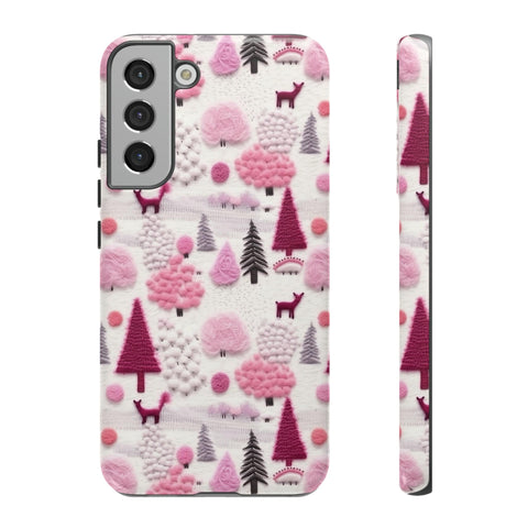 Pink Winter Woodland Aesthetic Embroidery Phone Case for iPhone, Samsung, Pixel