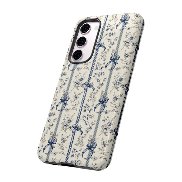 Blue Bow Phone Case - Vintage Floral Preppy Protective Phone Cover for iPhone, Samsung, Pixel