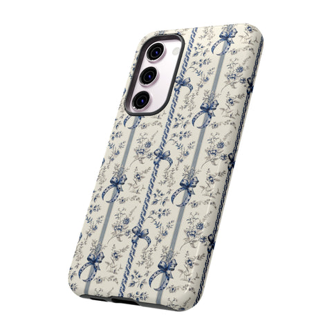 Blue Bow Phone Case - Vintage Floral Preppy Protective Phone Cover for iPhone, Samsung, Pixel