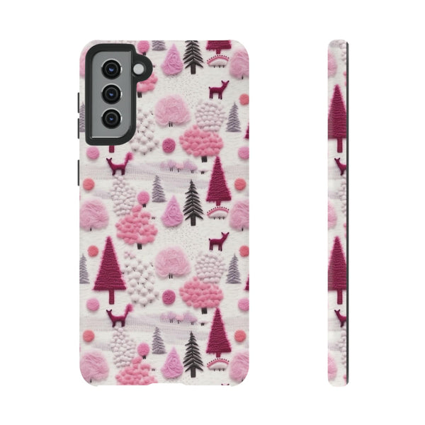 Pink Winter Woodland Aesthetic Embroidery Phone Case for iPhone, Samsung, Pixel