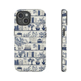 Bookshelf Phone Case - Blue and White Floral Books Protective Cover for iPhone, Samsung, Pixel