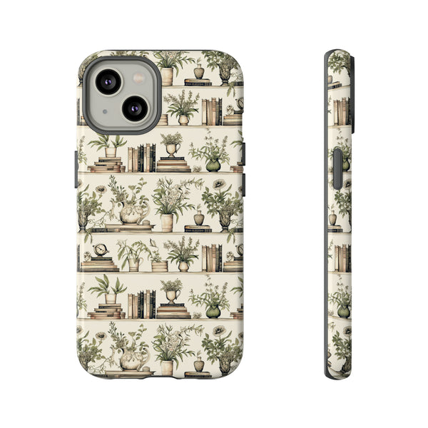 Bookshelf Phone Case - Neutral Beige Books and Plants Protective Cover for iPhone, Samsung, Pixel