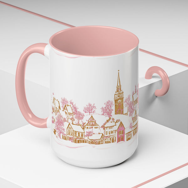 Pink Christmas Village Mug - Festive Aesthetic Holiday Cup for Coffee, Tea, Hot Cocoa