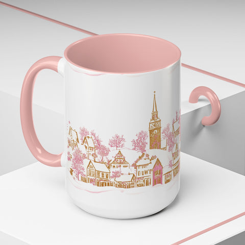 Pink Christmas Village Mug - Festive Aesthetic Holiday Cup for Coffee, Tea, Hot Cocoa