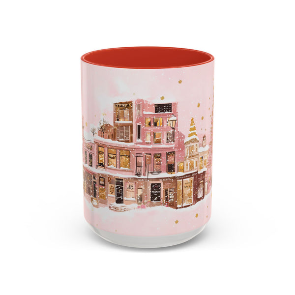 Pink Christmas Town Mug - Festive Holiday Village Art Cup for Coffee, Tea, Hot Chocolate