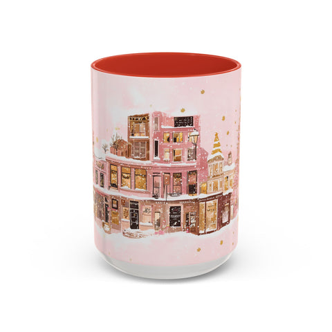 Pink Christmas Town Mug - Festive Holiday Village Art Cup for Coffee, Tea, Hot Chocolate