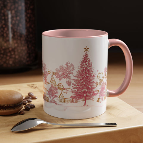 Pink Christmas Village Mug - Festive Aesthetic Holiday Cup for Coffee, Tea, Hot Cocoa
