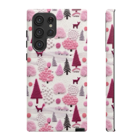 Pink Winter Woodland Aesthetic Embroidery Phone Case for iPhone, Samsung, Pixel