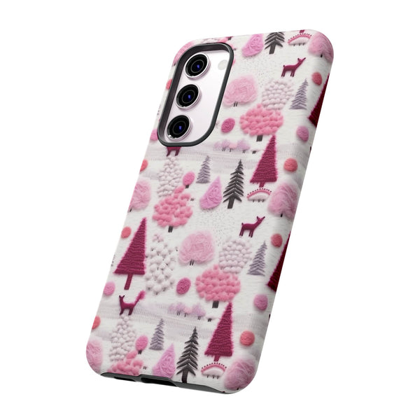 Pink Winter Woodland Aesthetic Embroidery Phone Case for iPhone, Samsung, Pixel