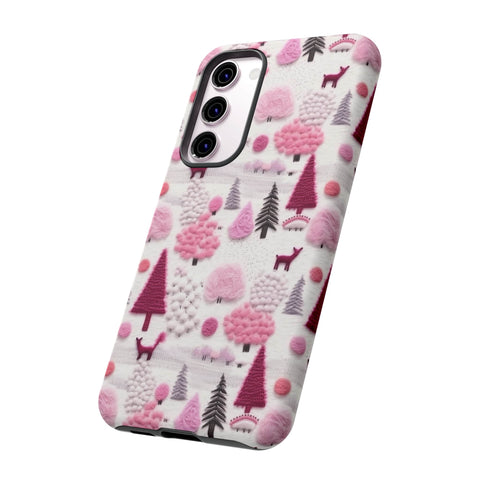 Pink Winter Woodland Aesthetic Embroidery Phone Case for iPhone, Samsung, Pixel