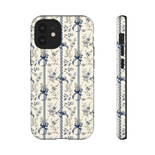 Blue Bow Phone Case - Vintage Floral Preppy Protective Phone Cover for iPhone, Samsung, Pixel