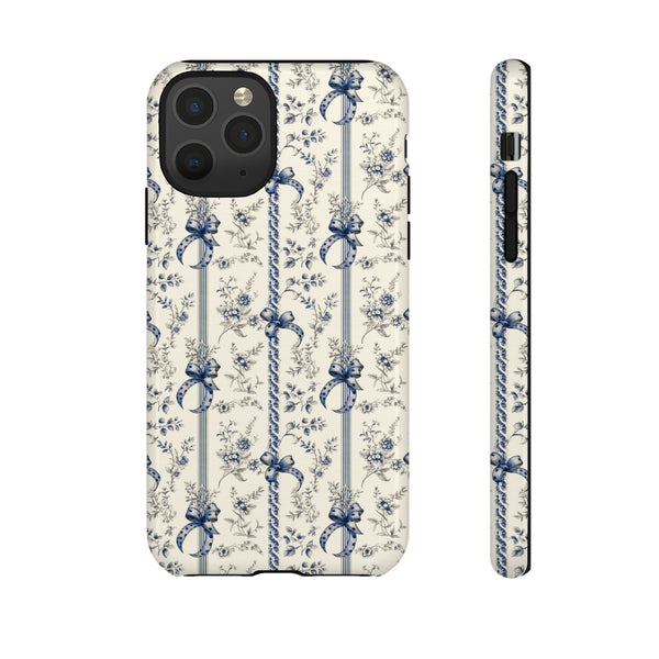 Blue Bow Phone Case - Vintage Floral Preppy Protective Phone Cover for iPhone, Samsung, Pixel