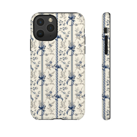 Blue Bow Phone Case - Vintage Floral Preppy Protective Phone Cover for iPhone, Samsung, Pixel