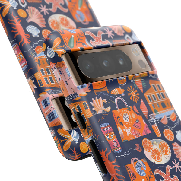 Citrus Coast Collage Phone Case - Blue Orange Trendy Coastal Art Protective Phone Cover for iPhone, Samsung, Pixel