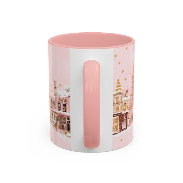 Pink Christmas Town Mug - Festive Holiday Village Art Cup for Coffee, Tea, Hot Chocolate