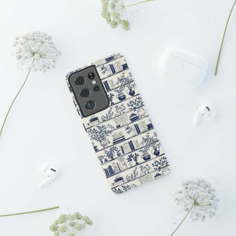 Bookshelf Phone Case - Blue and White Floral Books Protective Cover for iPhone, Samsung, Pixel