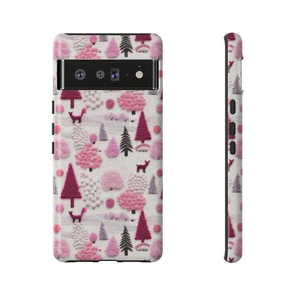 Pink Winter Woodland Aesthetic Embroidery Phone Case for iPhone, Samsung, Pixel