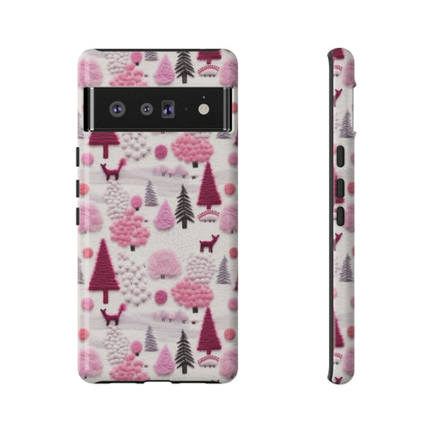 Pink Winter Woodland Aesthetic Embroidery Phone Case for iPhone, Samsung, Pixel