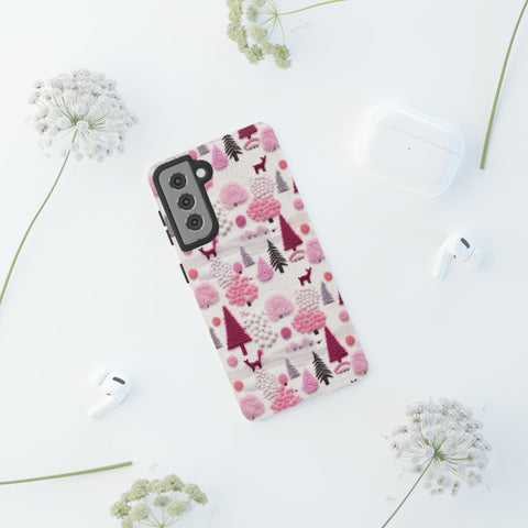 Pink Winter Woodland Aesthetic Embroidery Phone Case for iPhone, Samsung, Pixel