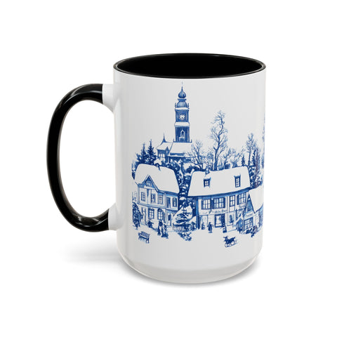 Blue Snowy Winter Village Mug - Holiday Christmas Art Cup for Coffee, Tea, Hot Cocoa