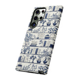 Bookshelf Phone Case - Blue and White Floral Books Protective Cover for iPhone, Samsung, Pixel