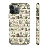 Bookshelf Phone Case - Neutral Beige Books and Plants Protective Cover for iPhone, Samsung, Pixel