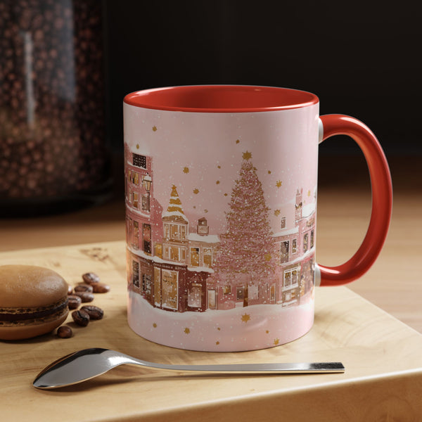 Pink Christmas Town Mug - Festive Holiday Village Art Cup for Coffee, Tea, Hot Chocolate