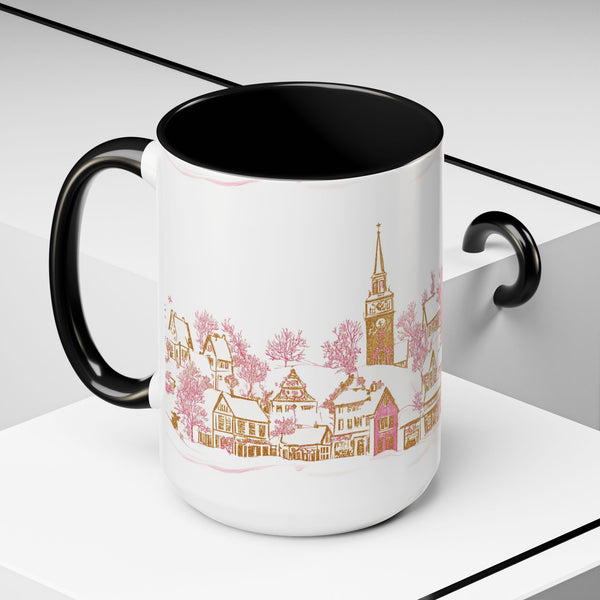 Pink Christmas Village Mug - Festive Aesthetic Holiday Cup for Coffee, Tea, Hot Cocoa