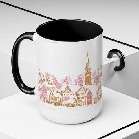 Pink Christmas Village Mug - Festive Aesthetic Holiday Cup for Coffee, Tea, Hot Cocoa