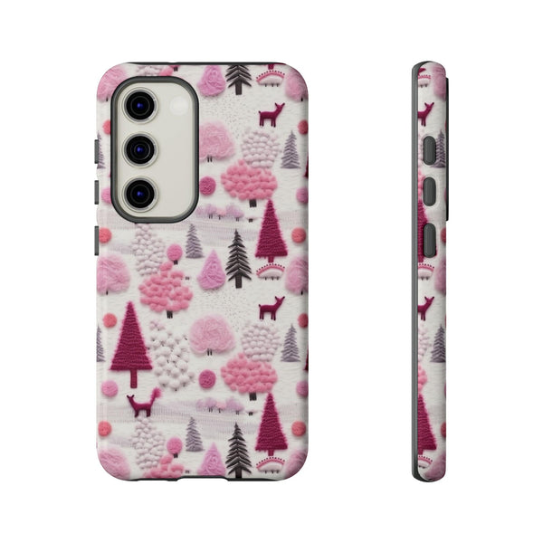 Pink Winter Woodland Aesthetic Embroidery Phone Case for iPhone, Samsung, Pixel