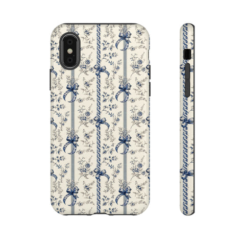 Blue Bow Phone Case - Vintage Floral Preppy Protective Phone Cover for iPhone, Samsung, Pixel