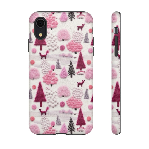 Pink Winter Woodland Aesthetic Embroidery Phone Case for iPhone, Samsung, Pixel