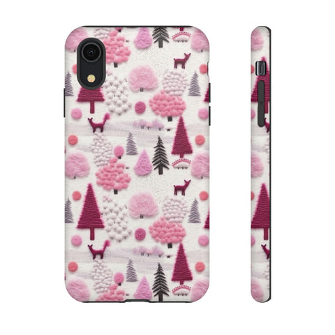 Pink Winter Woodland Aesthetic Embroidery Phone Case for iPhone, Samsung, Pixel
