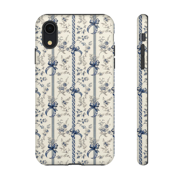 Blue Bow Phone Case - Vintage Floral Preppy Protective Phone Cover for iPhone, Samsung, Pixel