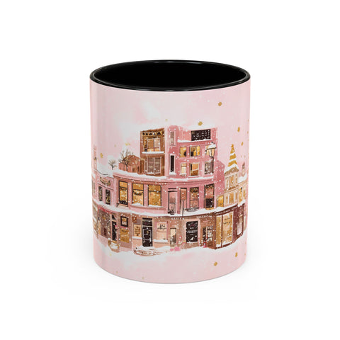 Pink Christmas Town Mug - Festive Holiday Village Art Cup for Coffee, Tea, Hot Chocolate