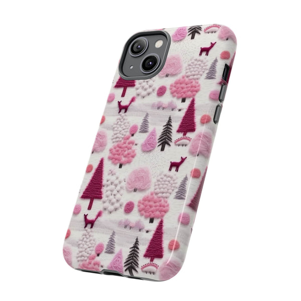 Pink Winter Woodland Aesthetic Embroidery Phone Case for iPhone, Samsung, Pixel